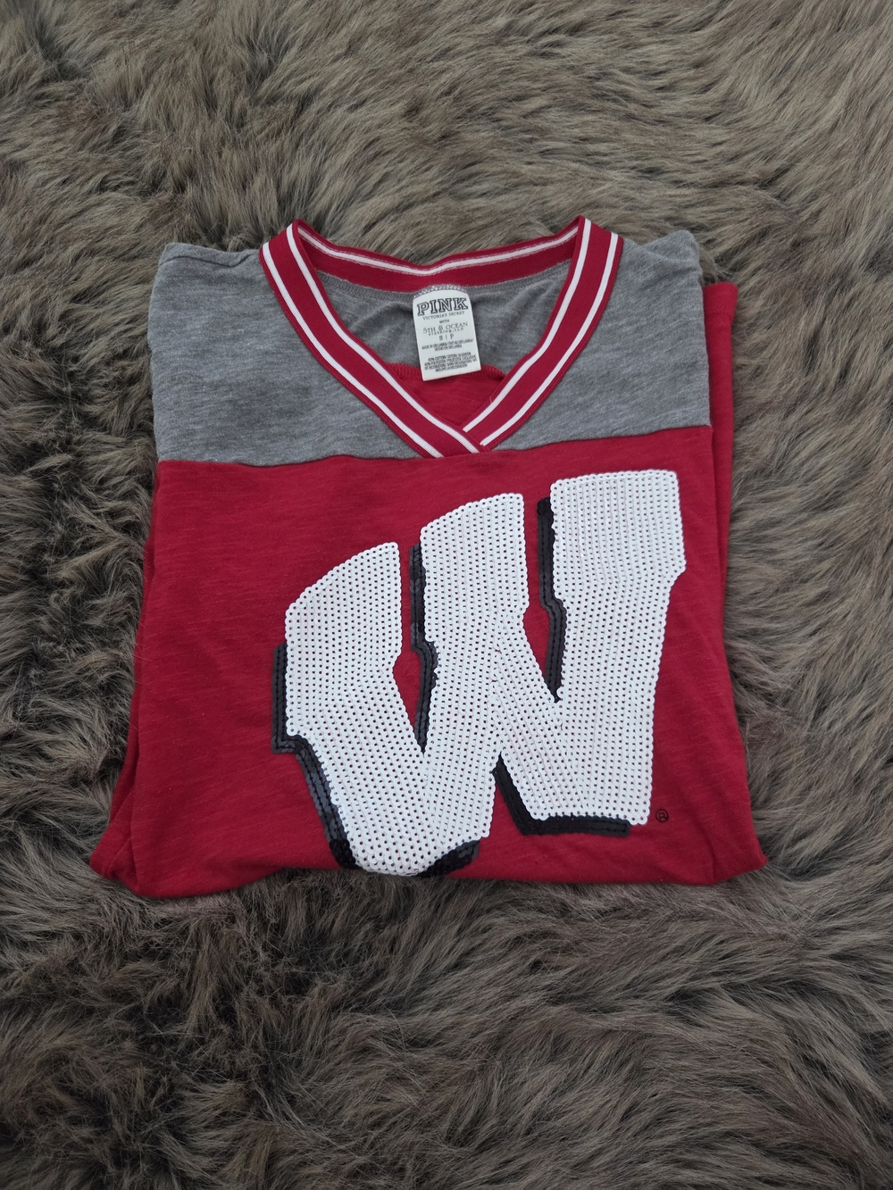 PINK Victoria's Secret Red & Gray Sequin 'W' V-Neck Tee